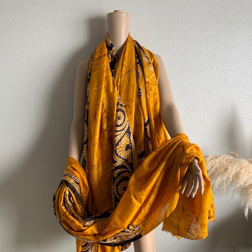 Patterned Tumeric Silk Sari / Shawl - image 2